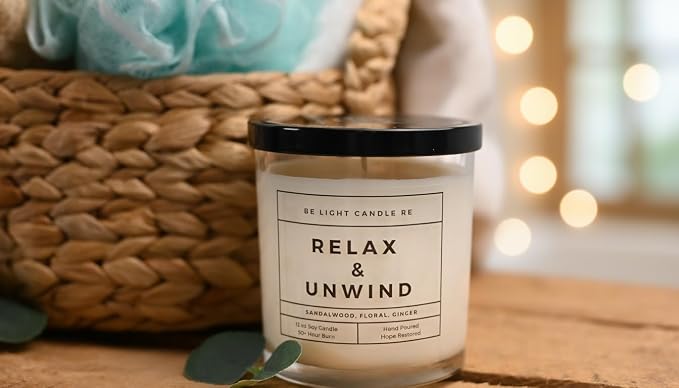 Sandalwood Candles | Purpose-Driven Soy Scented | Fragrance for Home | 8oz Long Lasting Scented | Non-Toxic | Aromatherapy | Gifts for Women | Be Light Candle RE (Relax & Unwind)