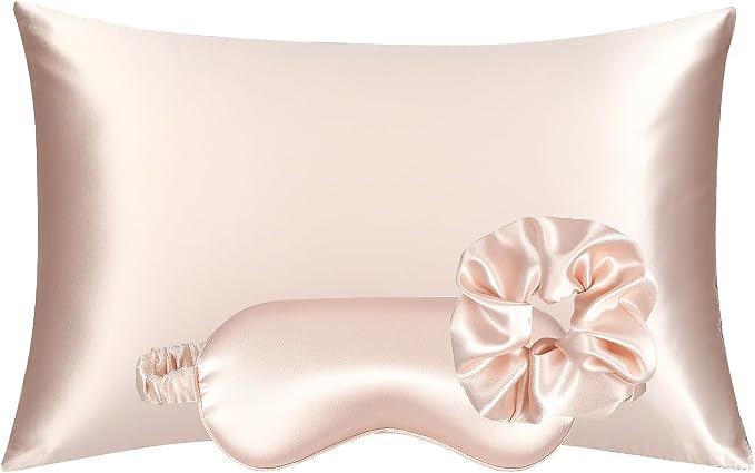 Vegan Silk Sleep Set – Satin Pillowcase, Eye Mask & Large Scrunchie for Hair and Skin – Frizz Free Beauty Sleep & Self Care Night Routine – Light Pink