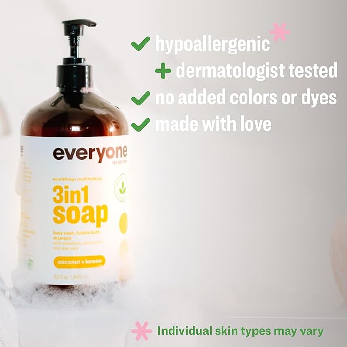 Everyone 3-in-1 Soap, Body Wash, Bubble Bath, Shampoo, 32 Ounce (Pack of 2), Coconut and Lemon, made with Essential Oils for Men and Women