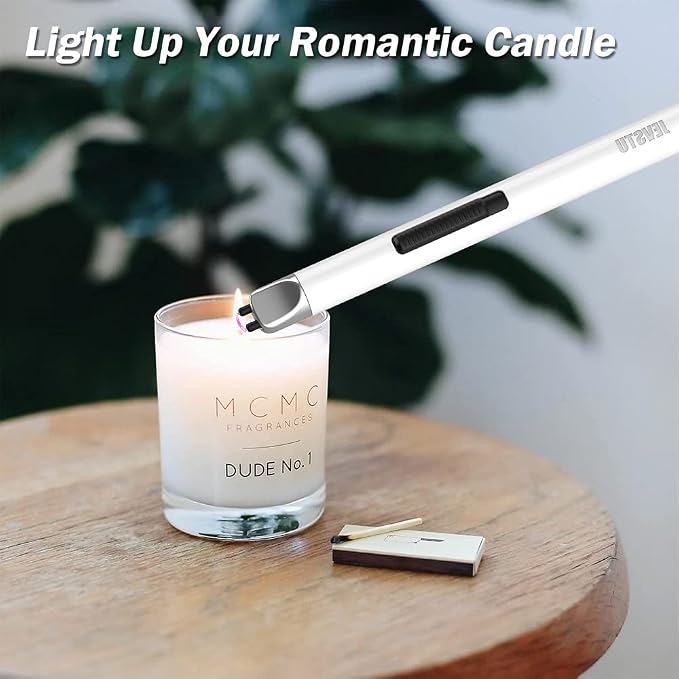 Electric Lighter, Arc Windproof Flameless Plasma Lighter, Long Stick with Rope and Ring, Perfect for Candle BBQ Camping Kitchen Stove, White