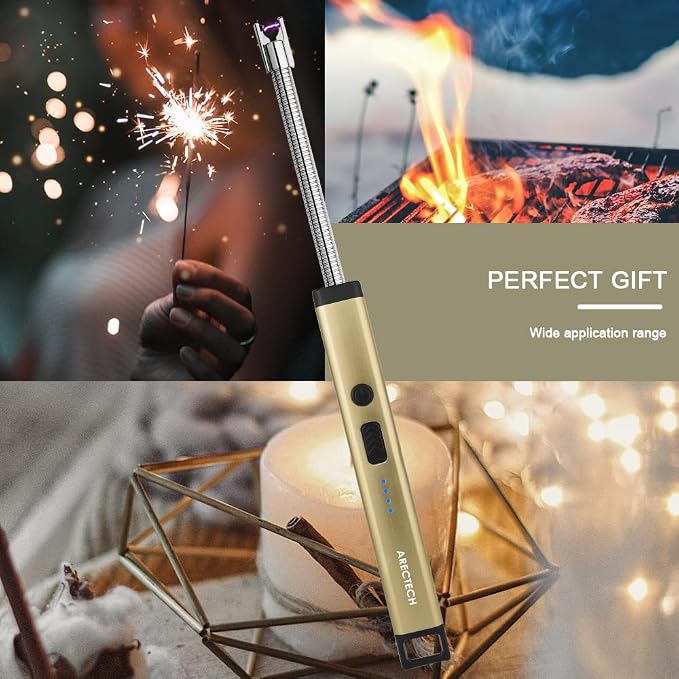 ARECTECH Candle Electric Lighter Rechargeable USB Arc Lighter for Candle Camping Fireworks Christmas Birthday Gifts with LED Light for Men Women Gold