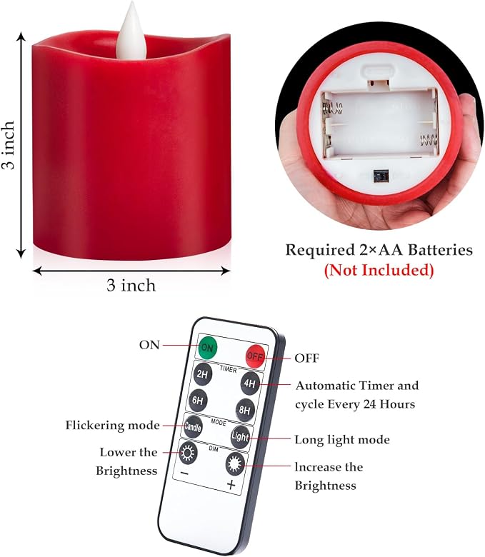Red LED Pillar Candles 3x3 Inch - Battery Operated Flameless Candles with Remote Timer & Realistic Flickering Flame, 600+ Hours Lasting for Christmas Halloween Home Decor (1-Pack)