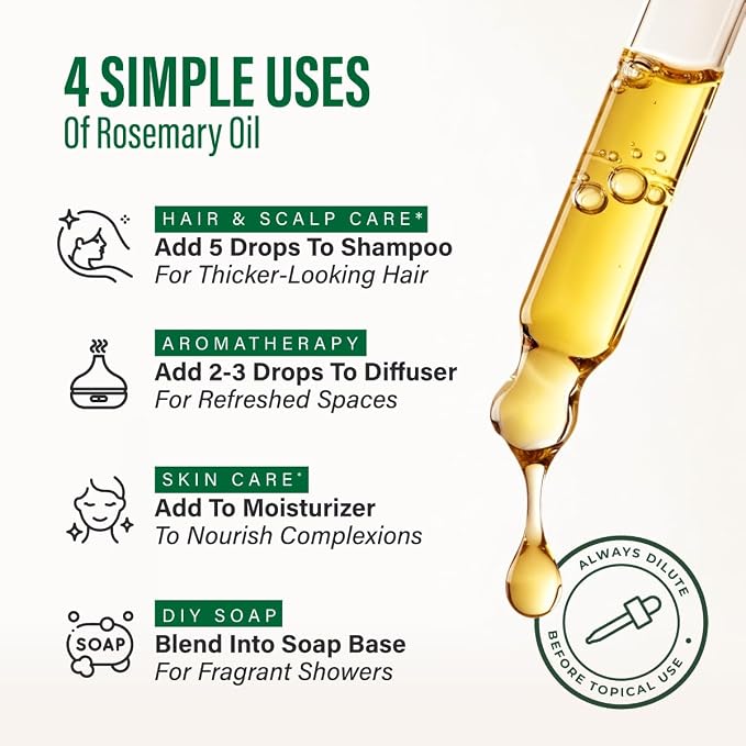 100% Pure Rosemary Oil - 4 Fl Oz Rosemary Essential Oil for Hair, Skin, Diffuser, Aromatherapy & DIY Soap Making Scent