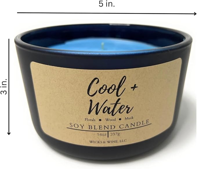 Wicks & Wine Soy Blend 3-Wick Cotton CORE Candle 14oz (Cool + Water)
