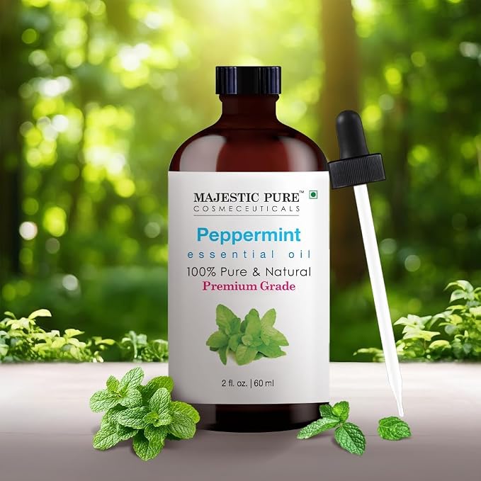 Majestic Pure Essential Oil with Glass Dropper - 100% Pure and Natural - Essential Oils for Diffuser, Aromatherapy, Soap and Candle Making, Peppermint Essential Oil, Peppermint Oil, 2 Fl Oz