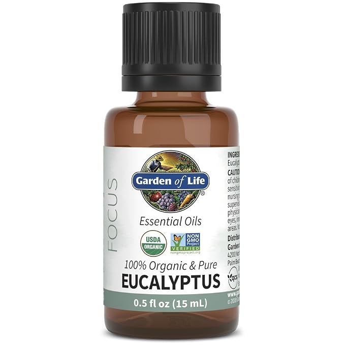 Garden of Life Eucalyptus Essential Oil – 100% Pure Essential Oil for Diffuser, Aromatherapy, Meditation, Clarity and Focus, USDA Organic, Non-GMO, 0.5 fl oz