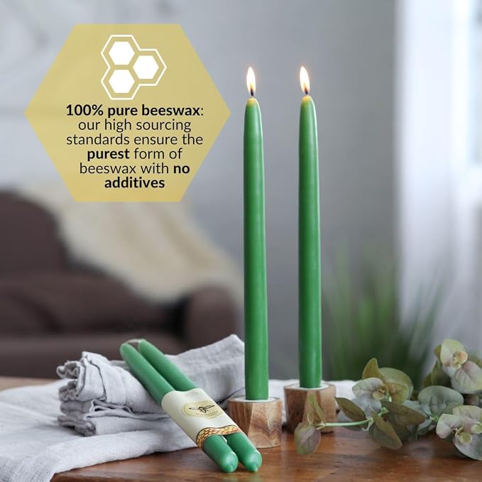 Big Dipper Wax Works Moss Green Hand-Dipped Beeswax Taper Candles – 12” x 7/8”, 2-Pack, 100% Pure Beeswax, Long Burning, Clean, Cotton Wick, Handmade in USA, Home Décor & Wedding Candles