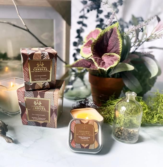 Lotion Candle - Warm Tobacco & Coriander Scented Massage Candles for Self Care, 10 Oz. Soy Wax Candle with Essential Oil Blends, Coconut Oil, and Vitamin E, 55 Hour Burn Time