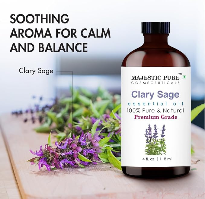 Majestic Pure Essential Oil with Glass Dropper - 100% Pure and Natural - Essential Oils for Diffuser, Aromatherapy, Soap and Candle Making, Clary Sage Essential Oil, Clary Sage Oil, 4 Fl Oz