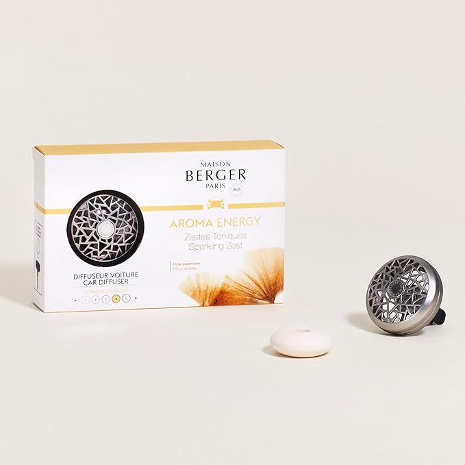 MAISON BERGER Car Diffuser Set, Aroma Energy | Grapefruit Orange Zest Notes, Refillable Vent Clip, 4-Week Passive Diffusion