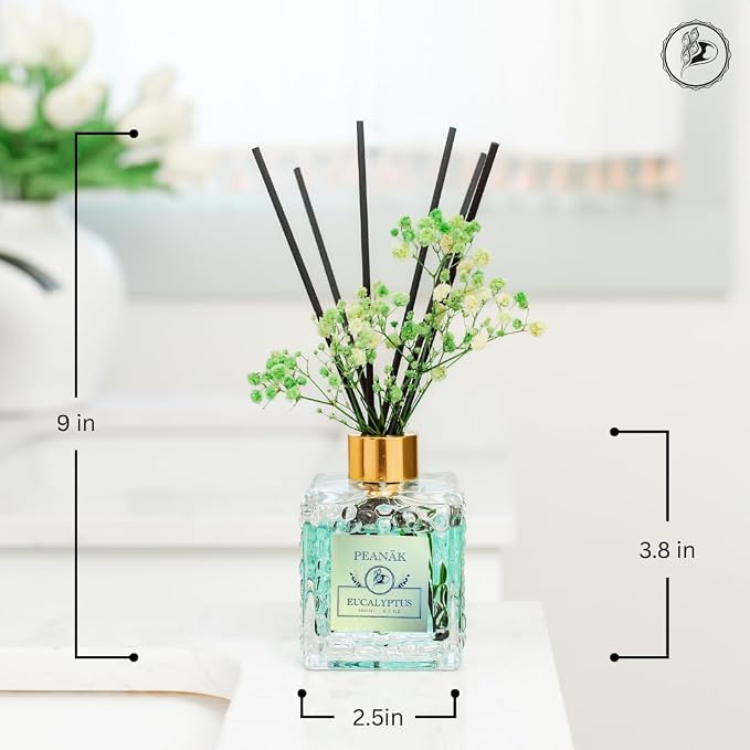Reed Diffuser Set - Eucalyptus Mint Oil, Oil Diffuser Sticks, Bathroom Diffuser, Bathroom Decor, 200ml with Preserved Flowers - PEANÄK