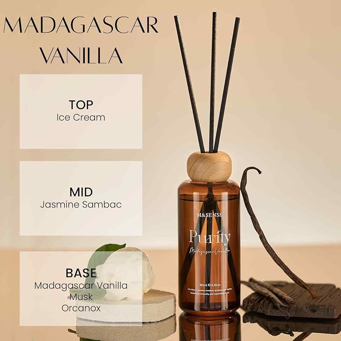 M&SENSE Reed Diffuser Set, Madagascar Vanilla Scented 6.3 fl oz Natural Essential Oil Diffusers with Sticks, Non-Toxic Organic Air Freshener, Long-Lasting Fragrance Oils for Living Room Bedroom