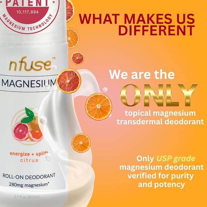 nfuse Magnesium Roll-On Deodorant - Natural, Aluminum-Free - Patented Magnesium Delivery Technology - Citrus Essential Oils (Energize and Uplift)