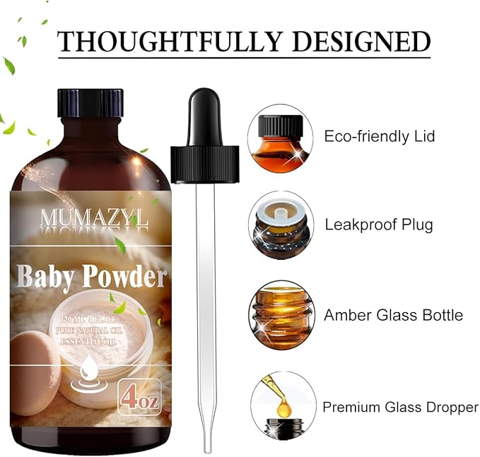 Baby Powder Fragrance Oil, Baby Powder Oil 4 Fl Oz 120ML for Diffuser Humidifier Yoga Cleaning DIY Candle Soap Making MUMAZYL Essential Oils