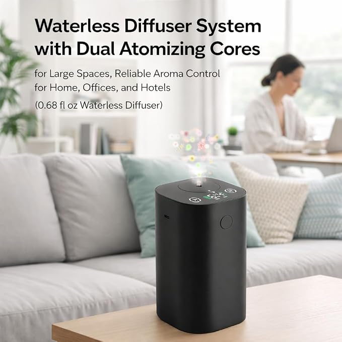 Waterless Essential Oil Diffuser with 50ml Fragrance Oil, Rechargeable Nano Mist Diffuser for Home, Car & Office, 4 Timer Settings, 4 Mist Levels, Up to 600 Sq Ft Coverage