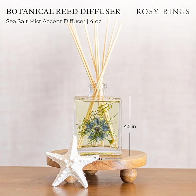 Rosy Rings Sea Salt Mist Accent Diffuser, Single Piece, 4 oz Last 4-6 Months Small Glass Reed with Floral Embedded Flowers Coastal Aroma, Bathroom Bedroom Livingroom Spa Decor Luxury Gift