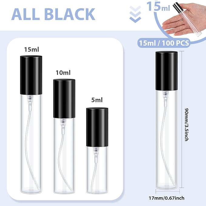 Yinder 100 Pcs 15ml Travel Spray Bottle Refillable Perfume Atomizer Bulk Glass Mini Cologne Perfume Bottles Empty Fine Mist Portable Small Sample Containers(Black)