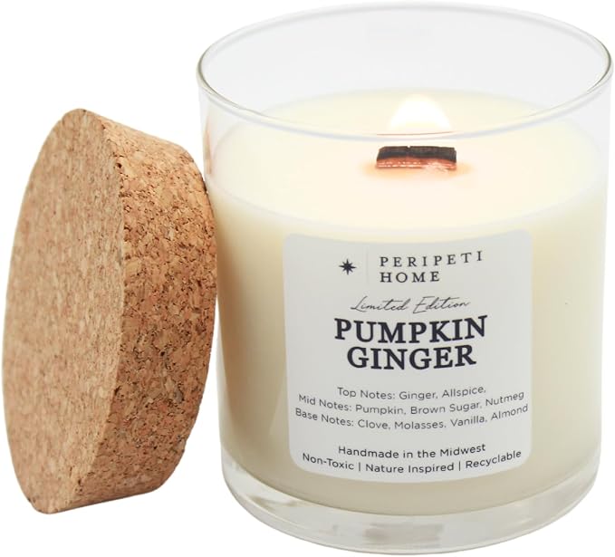 PERIPETI Home Pumpkin Ginger Scented Candle, Wooden Wick – 8.5oz Natural Soy Wax for Energizing Aromatherapy, Long-Lasting Burn with a Cozy Fall Scent