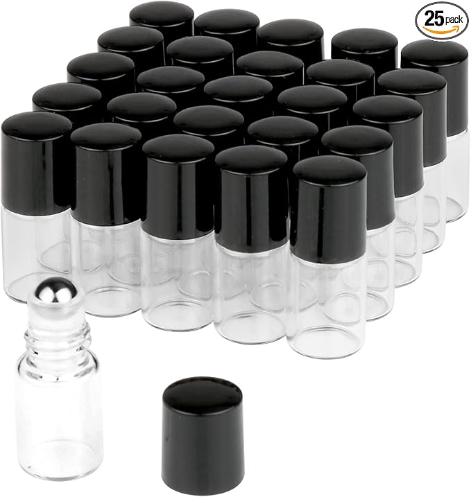 Wresty 25 Pcs Clear Glass Mini Roll On Bottles Empty Essential Oil Roller Ball Bottles Perfume Lip Blam Cosmetic Sample Vials Roller Glass Bottles Container With Black Cap (2ml)