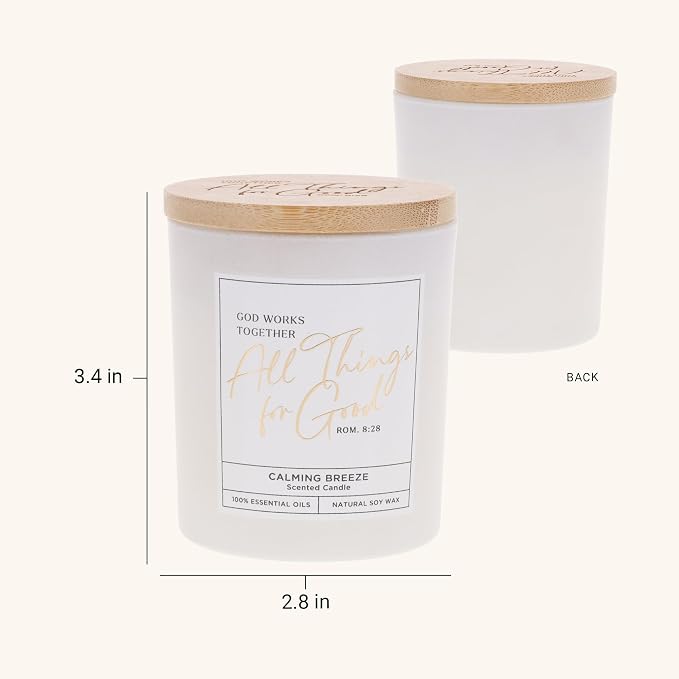 Christian Art Gifts Soy Wax Scented Candle: Romans 8:28 Bible Verse, Calming Breeze Scent, Pure Essential Oils, 4.5 oz, Up to 20 Hours Burn Time, Glass Jar w/Bamboo Lid, Encouragement Gift
