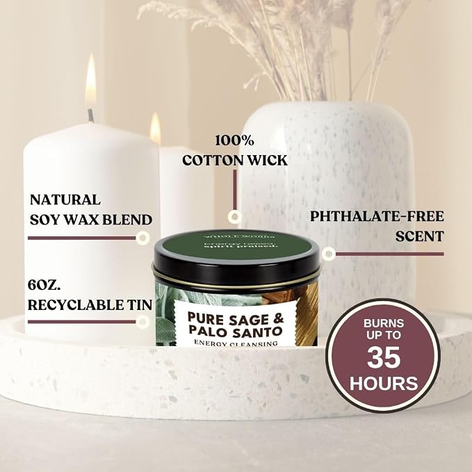 Premium Candle for Energy Cleansing – Natural Soy Wax Blend, Cotton Wick, Phthalate Free Scent, Scented Candles for Home Smudging, House Spiritual Protection, 6oz (Pure Sage & Palo Santo)