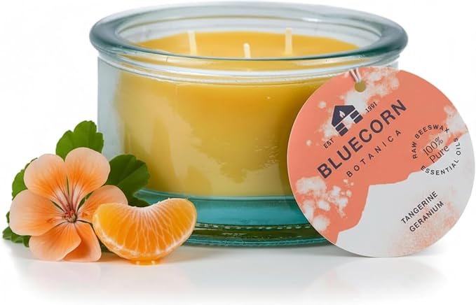 Bluecorn Botanica Beeswax 3-Wick Candle – Tangerine & Geranium, 100% Pure Beeswax & Essential Oils – 10oz Hand-Blown Recycled Spanish Glass – Non Toxic, Clean Burning, Refillable Glass Jar
