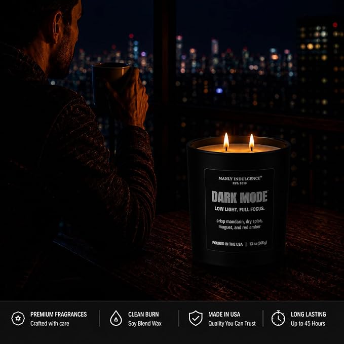 Manly Indulgence Dark Mode Scented Candle, 2 Wick, 13 oz, Premium Soy Blend Wax, Candles for Home Scented - Made in The USA