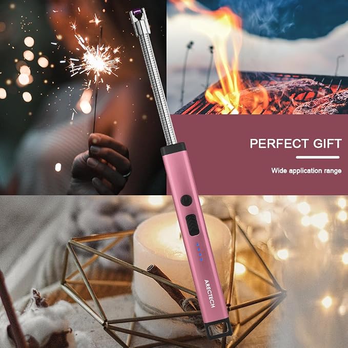 ARECTECH Candle Electric Lighter Rechargeable USB Arc Lighter for Candle Camping Fireworks Christmas Birthday Gifts with LED Light for Men Women Pink