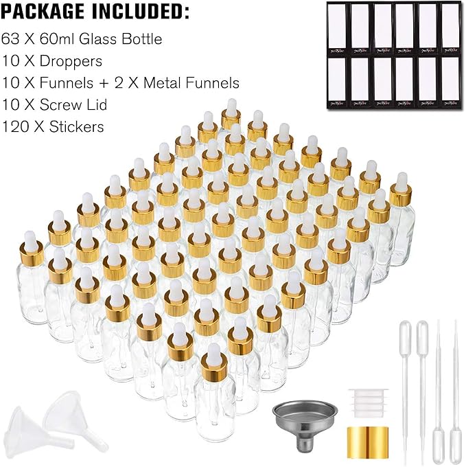 PrettyCare Glass Eye Dropper Bottles 2oz (60ml), 63 Pack Clear Empty Thick Bottles Bulk with Leakproof Golden Caps - With Labels & Funnels for for Storage, Travel,Essential Oils, DIY Serums, Tincture