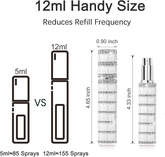 Travel Perfume Atomizer Refillable Bottle, 12ml Rhinestone Mini Perfume Bottles Empty Refillable Travel Atomizer Sprayer with Funnel (1Pc-White)