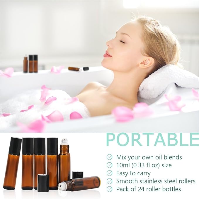 Mavogel 24 Pack 10ml Roller Bottles for Essential Oils, Amber Glass with Stainless Steel Roller Balls, Roller Bottles with Caps for Travel, Perfume and Lip Gloss
