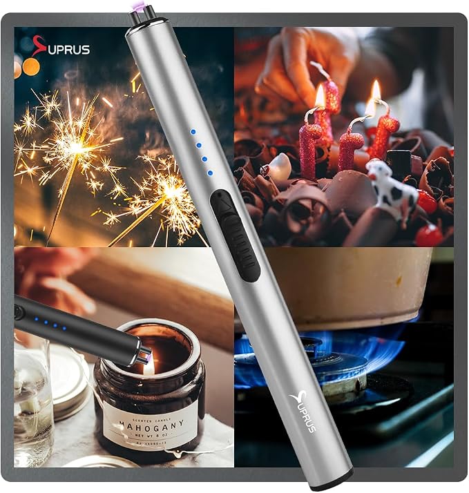 SUPRUS Electric Arc Windproof Flameless USB Rechargeable Lighter with Safety Lock for Candle (Silver)