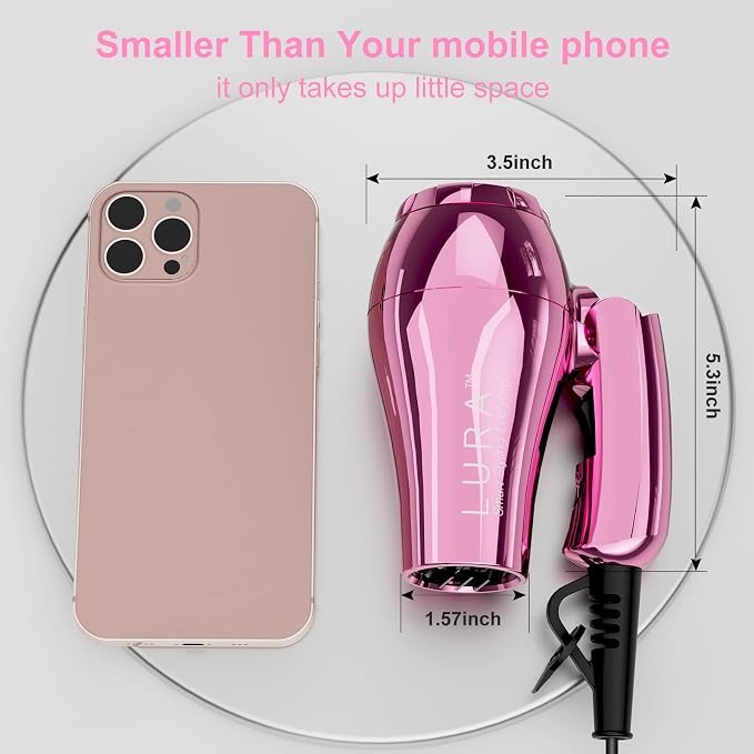 LURA Mini Portable Travel Hair Dryer:Dual Voltage Small Lightweight Blow Dryer with EU Plug,1200W Compact Hairdryer with Folding Handle,with Concentrator&Diffuser Attachment,for Women and Men