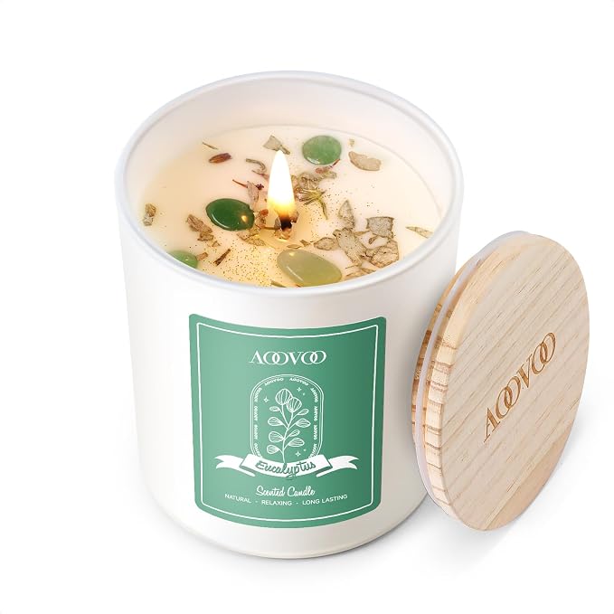 AOOVOO Eucalyptus Scented Candles for Women - Aromatherapy Candle with Crystals Inside, 7oz Soy Candles for Home Scented, Mothers Day Birthday Gifts Candle for Women Mom