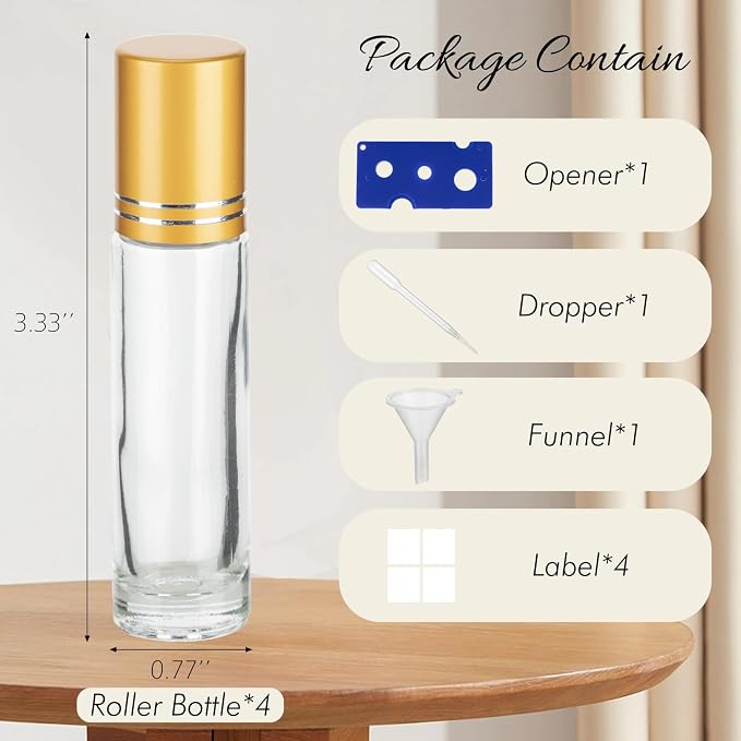 10ML Essential Oil Roller Bottles, 4 Pack Clear Gold Oil Roller Bottles for Essential Oils, Roll on Bottle with Stainless Steel Balls(4 Labels, Opener, Funnel, Dropper Included)