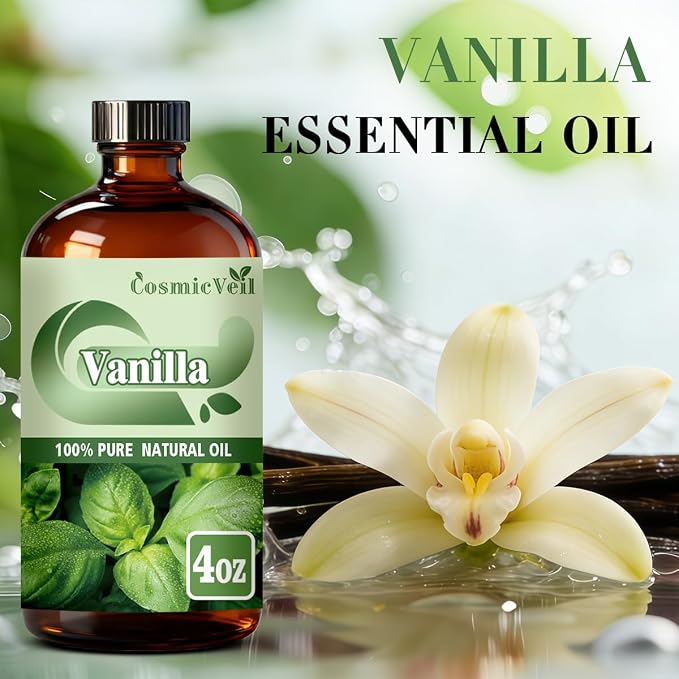 Vanilla Essential Oil Vanilla Oil for Aroma Diffuser,Humidifier,Home Fragrance,Cleaning,Body Care,Massage,Yoga,DIY Candle,DIY Soap CosmicVeil（Vanilla，4 Fl Oz (Pack of 1)）