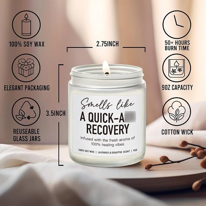 Quick Recovery Get Well Candle, Surgery Recovery Gifts for Women, Men, After Surgery, Get Well Soon, Cancer Comfort Gifts, Funny Hysterectomy, Chemo, Feel Better Gift, Lavender & Eucalyptus Candle