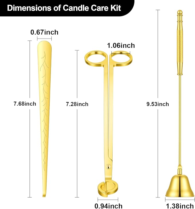 Ohtomber 3 in 1 Stainless Steel Candle Accessory Set, Wick Trimmer Cutter, Snuffer Extinguisher & Dipper, Wick Scissor Clipper Care Kit, Put Out Tool with Gift Package for Candle Lover, Gold