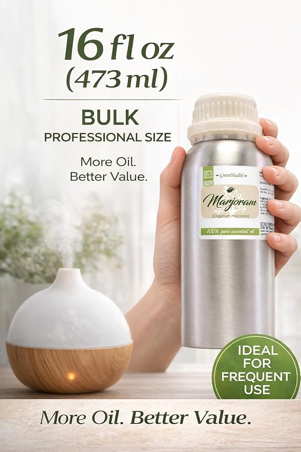Marjoram Essential Oil 16 fl oz (473 ml) – 100% Pure & Undiluted Origanum majorana – Bulk Aromatherapy Oil for Diffuser, Massage, Soap & Candle Making – Aluminum Bottle w/Plug Cap – GreenHealth