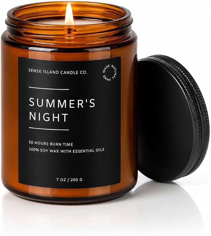 Summer's Night Scented Candles for Men&Women | 100% Natural Soy Candle 7oz, up to 50 Hrs Burn Time Highly Scented Premium Scented Candle Amber Glass Jar