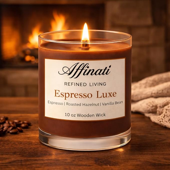 Affinati Espresso Luxe Scented Candle, 10 oz Wooden Wick Tumbler Jar – Highly Fragrant Rich Coffee Bean Aromatherapy, Kitchen Soy Blend Gift