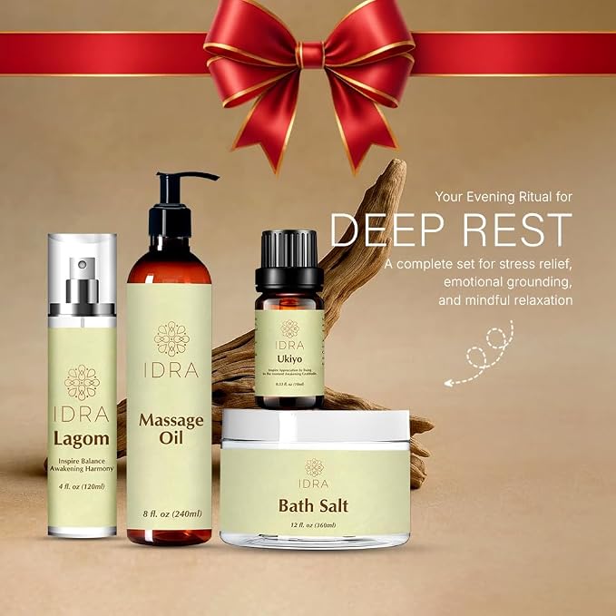 IDRA Deep Calm Ritual Set – Relaxing Bath & Body Gift Set with Dead Sea Bath Salts, Massage Oil, Face Mist & Essential Oil | Spa Self-Care Kit for Stress Relief & Better Sleep
