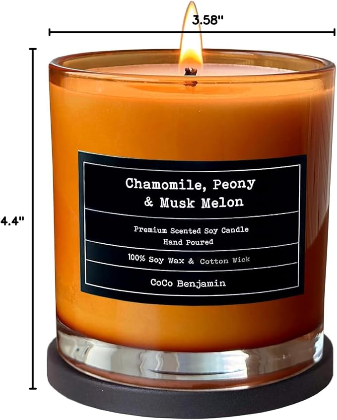 100% Natural Soy Wax Candle by CoCo Benjamin - Highly Scented & Hand-Poured Luxury Candle (Chamomile, Peony & Musk Melon) - Clean Burning Cotton Wick
