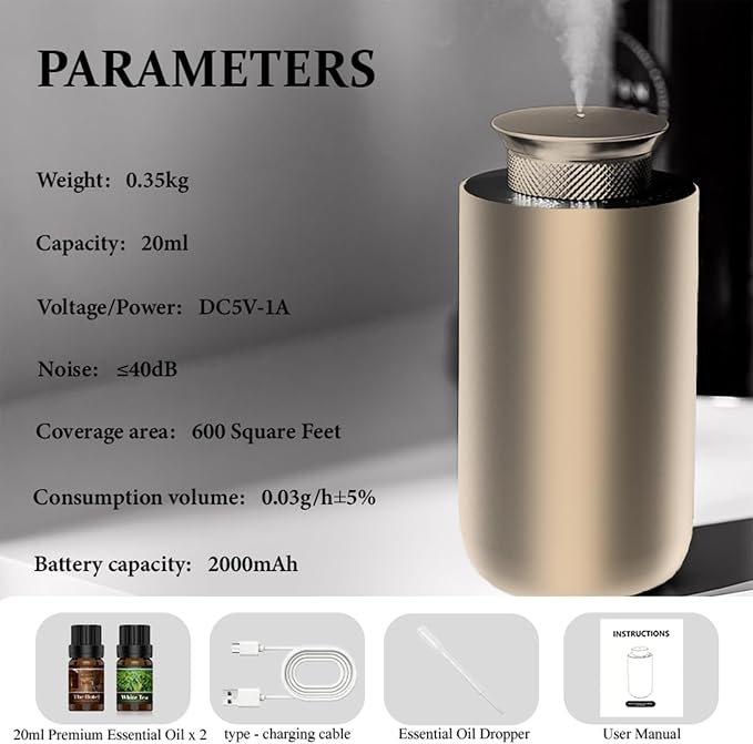 2026 Upgraded Rechargeable Waterless Car Scent Diffuser Kit, Includes 2 Premium Oils, Auto On/Off, 4 Mist Levels & Timers, Portable Aromatherapy Diffuser for Hotel,Home,Room,Studio,Office - Gold