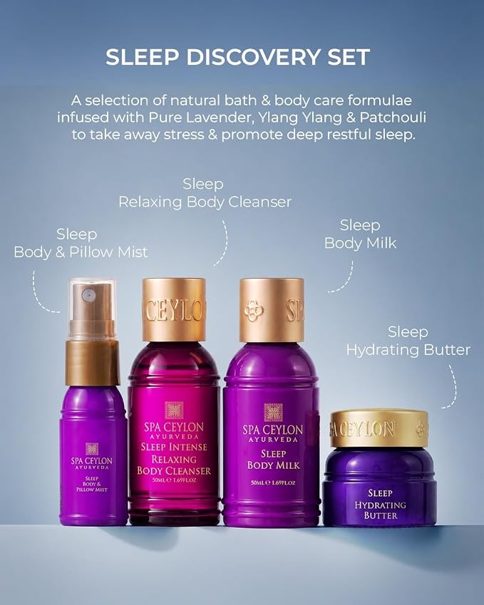 Spa Ceylon Ayurveda Sleep Discovery Set – 4-Piece Natural Bedtime Gift Set with Lavender, Ylang Ylang & Patchouli – Shower Gel, Body Milk, Pillow Mist & Hydrating Butter