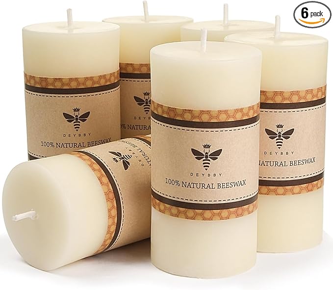 DEYBBY 2x4 inch Natural White Beeswax Pillar Candle Set of 6, Smokeless Dripless Pure Beeswax Candles with Natural Scent for Blackout Decoration Spa Relaxation（Ivory White）
