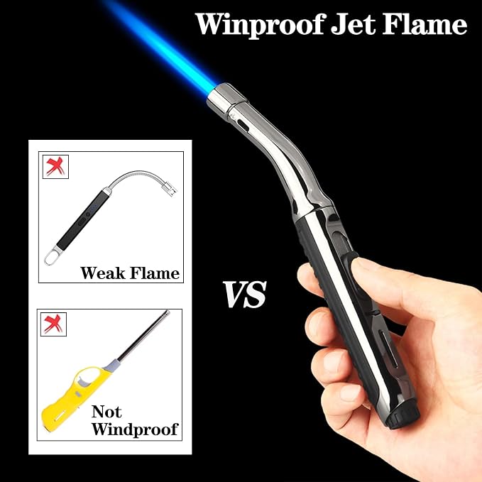 Yeuligo Torch Lighters, 7.6in Long Butane Lighter with Visible Window, Adjustable and Refillable Lighter for Kitchen Fireplace Camping Candle Grill BBQ Fireworks. Black (Gas Not Included)