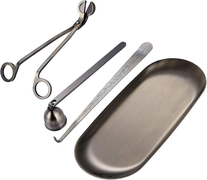 MUXSAM 4 in 1 Candle Accessory Set, Candle Wick Trimmer, Candle Snuffer, Wick Trimmer, Candle Wick Dipper, Storage Tray Plate, Candle Care Tools Gifts for Candle Lovers(Bronze)