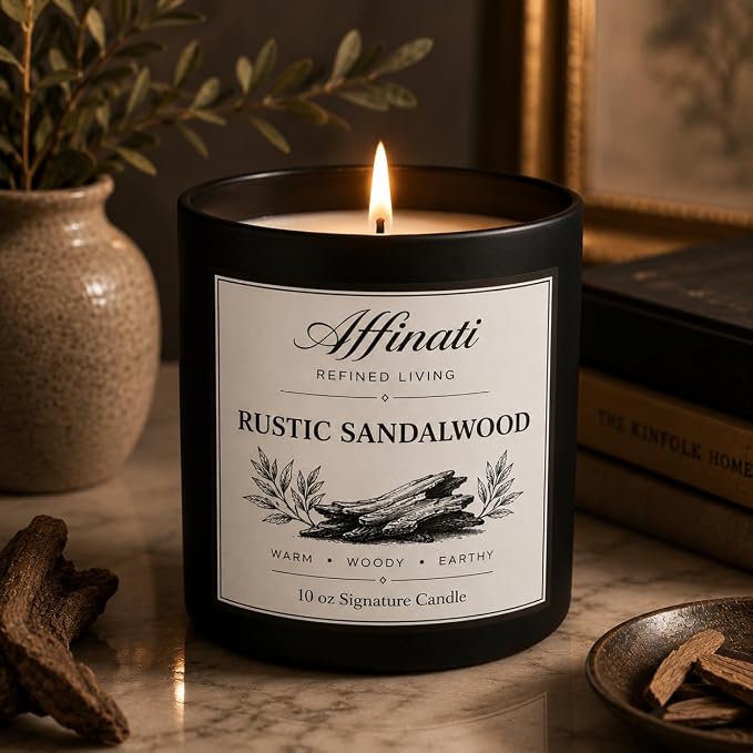 Affinati Rustic Sandalwood Signature Candle - 10 oz Luxury Soy Blend Wax Candle, Long-Lasting Home Fragrance