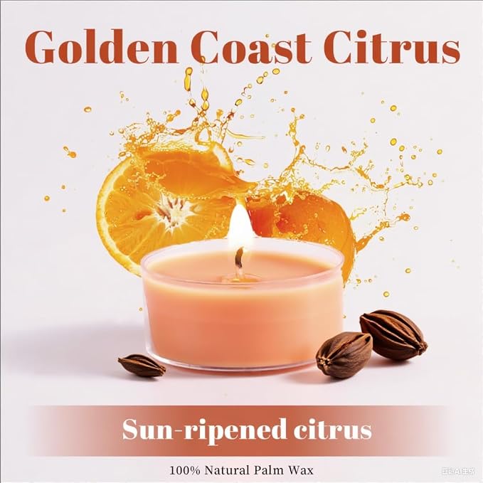 DEVI Golden Coast Citrus Highly Scented Tea Lights Candles 48 Pack, 5-6 Hours Natural Palm Tea Candles for Home Scented, Scented Small Votives with Essential Oils for Relaxing